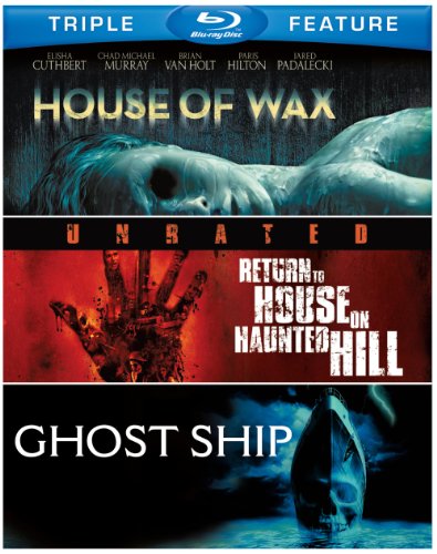 Triple feature Blu-ray cover with horror movie imagery: wax figures, haunted house, ghost ship.