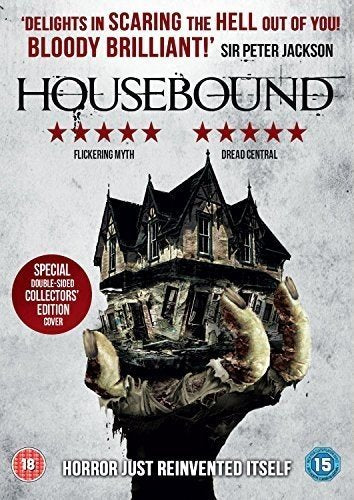 DVD cover for horror film "Housebound" featuring a house in a hand.