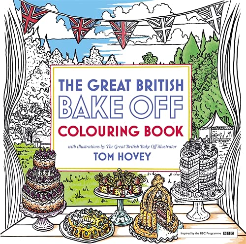 “Great British Bake Off” colouring book cover with detailed cake illustrations.