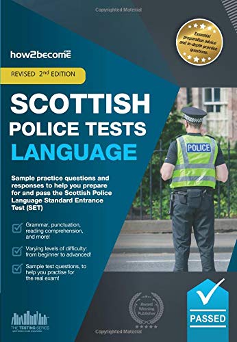 Book cover: "Scottish Police Tests Language" with a police officer’s back.