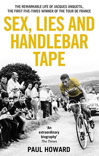 Book cover featuring cyclist Jacques Anquetil in a race, black and white photo.