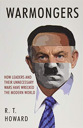 Book cover: "Warmongers" with a fragmented portrait of a man in a tie.
