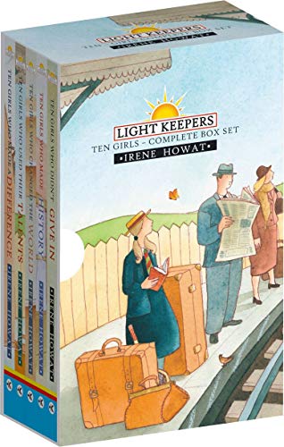 A box set of Lightkeepers books by Irene Howat featuring a watercolor train station illustration.
