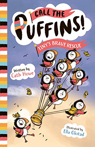 Book cover featuring cartoon puffins flying with a yellow bucket.