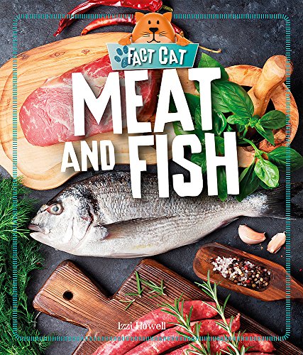 Book cover featuring meat, fish, and a cartoon cat’s face.