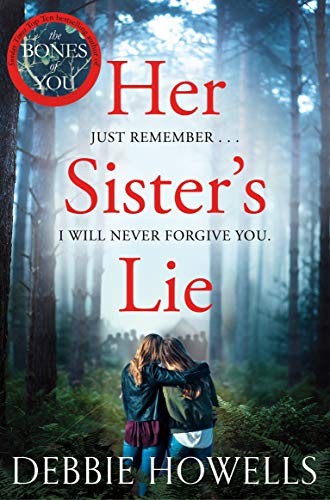 Book cover: two women in a misty forest, title “Her Sister’s Lie”.