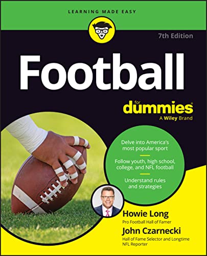 Book cover for "Football For Dummies" with a football and player photo.