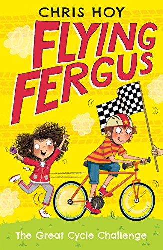"Book cover with cartoon boy on bike and girl running, checkered flag, yellow background."