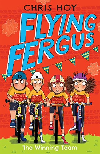 Book cover: four children on bicycles, colourful text “Flying Fergus”.