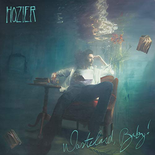 Hozier sitting in an armchair underwater with a table, books, and floating flowers.