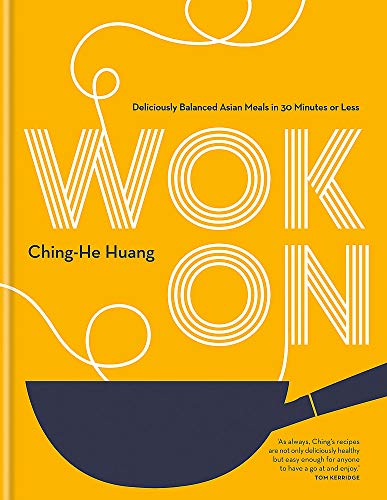 Yellow cookbook cover with white text "Wok On" and a wok illustration.