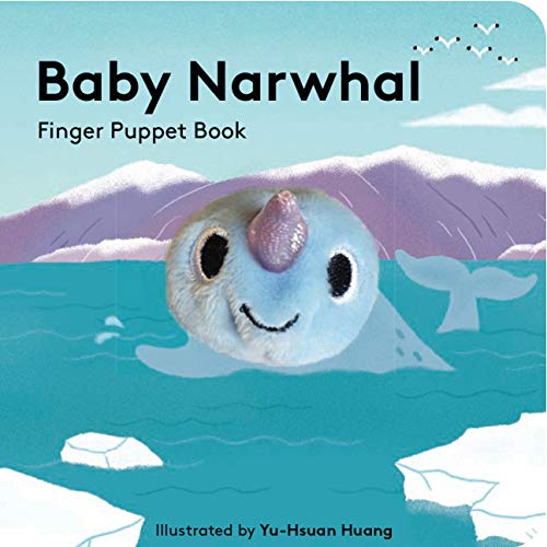 A plush blue narwhal finger puppet head centered over an illustration of arctic water.