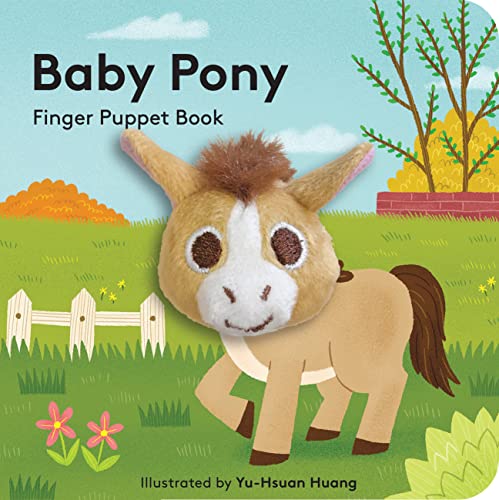 A plush pony finger puppet head attached to an illustrated board book cover.