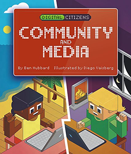 Book cover with pixelated figures using laptops, titled "Community and Media.