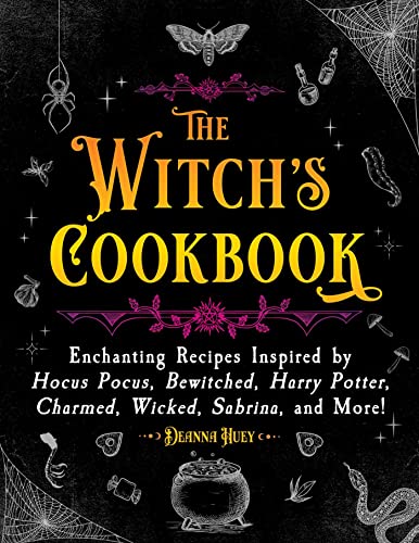 Black book cover with ornate white lettering: "The Witch's Cookbook.