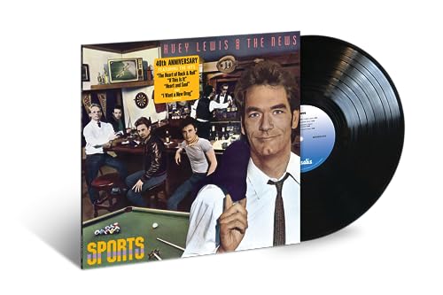 Huey Lewis and the News Sports vinyl record album cover and black vinyl disc.