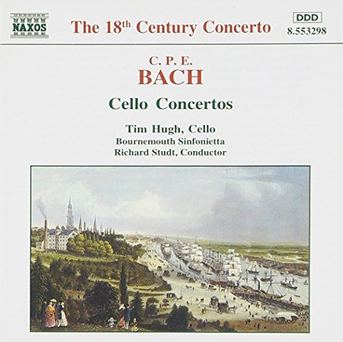 "CD cover with 18th-century town scene and text about C.P.E. Bach cello concertos."
