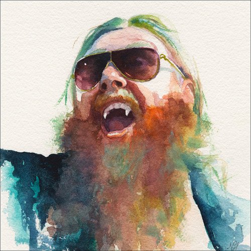 Watercolor portrait of a bearded man with sunglasses and vampire fangs.