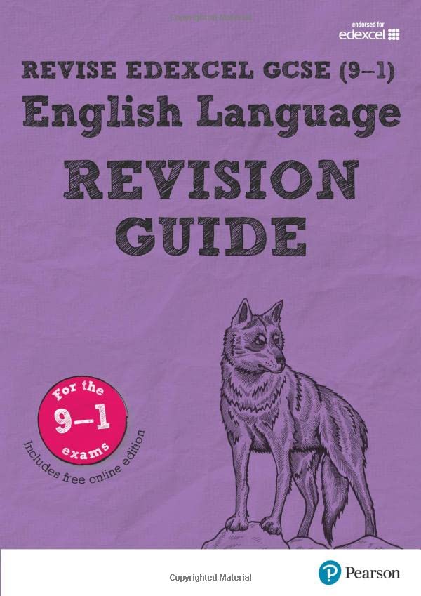 Purple Pearson Edexcel GCSE English Language revision guide cover with a wolf illustration.