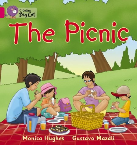 Family having a picnic on a red blanket under green trees.