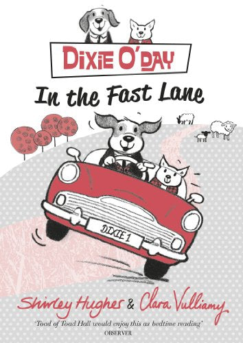 Book cover: cartoon dogs and a cat driving a red car.