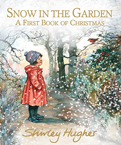 A child in a red coat stands in a snowy garden watching a robin.