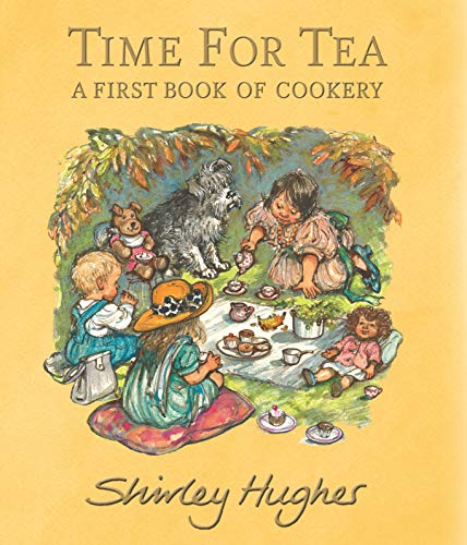 Children and a dog having a tea party, illustrated book cover.