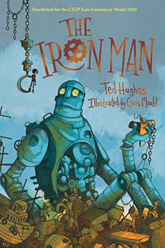 Book cover featuring a large blue robot sitting in a junkyard with a child.
