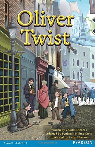 Book cover for "Oliver Twist" depicting a Victorian street scene.