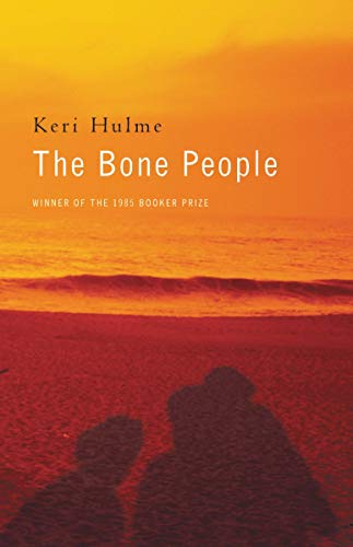 Book cover: "The Bone People" with silhouettes against a sunset beach.