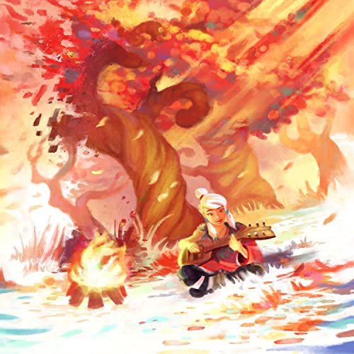 Painted illustration of a person with a guitar by a campfire and tree.