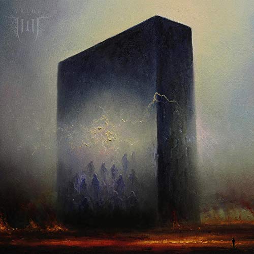 Dark, monolithic structure dominates a misty landscape with silhouetted figures.