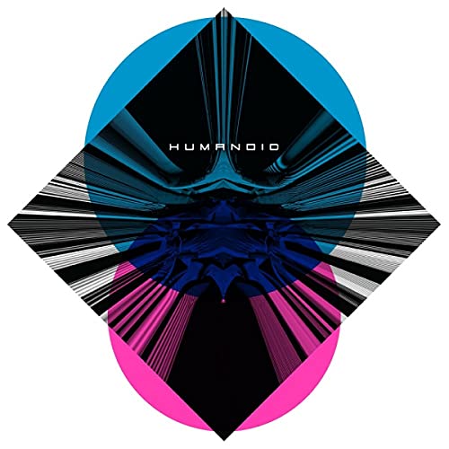 CD cover for “Humanoid” with abstract blue, pink, and black geometric design.