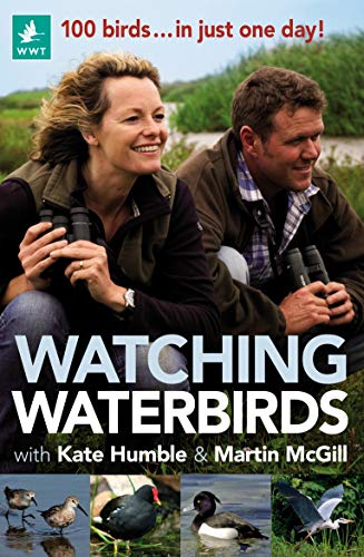 Kate Humble and Martin McGill holding binoculars outdoors with images of various waterbirds below.