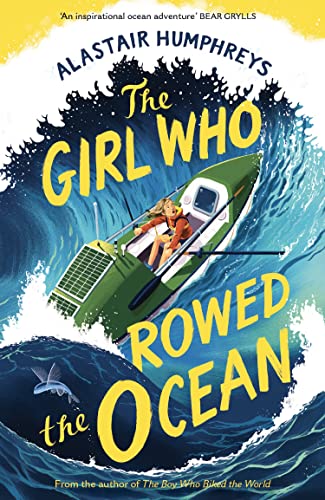A girl rows a small green boat through large, crashing ocean waves.
