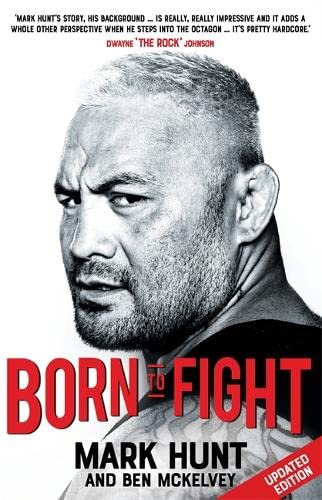 Black and white portrait of Mark Hunt, book cover for "Born To Fight".
