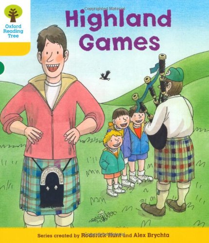 Children watch a bagpiper at the Highland Games in a colorful illustration.