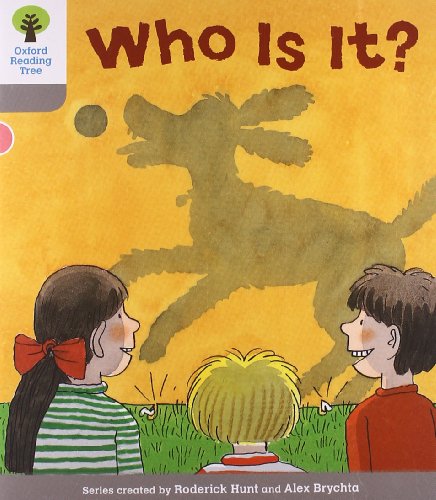 Book cover: children looking at a dog’s shadow on a yellow background.