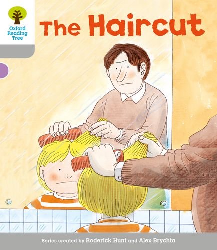 Boy getting a haircut from a man reflected in a mirror.