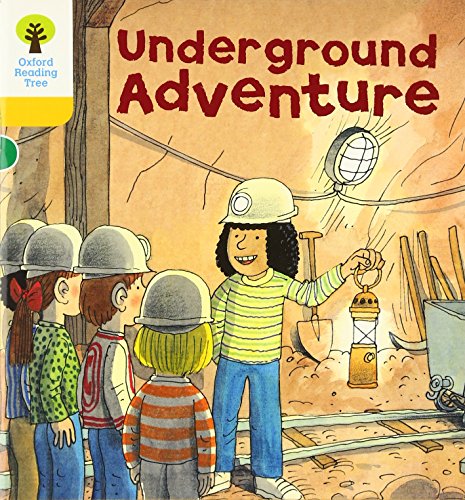 Children wearing hard hats explore a mine with a lantern in a storybook illustration.