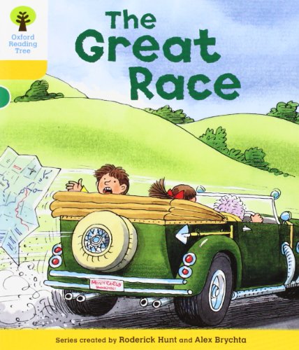 Children in a green vintage car with a map flying out the window.