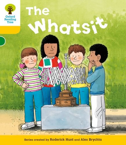 Four children stand around a mysterious mechanical object on a plinth in a garden.