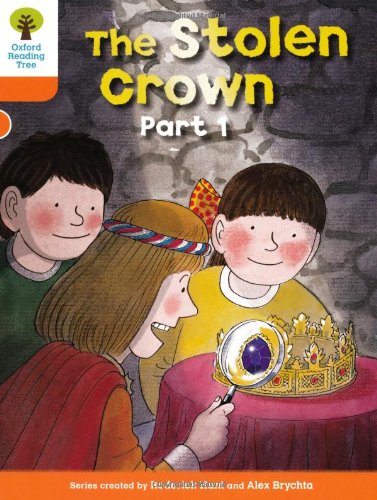 Children examining a jeweled crown with a magnifying glass.