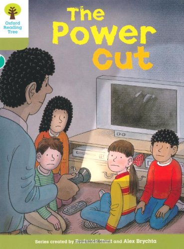 Family with flashlight looks at blank TV screen during a power cut.