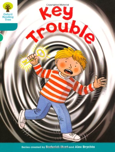 Book cover: boy holding a key, looking surprised, swirling background.