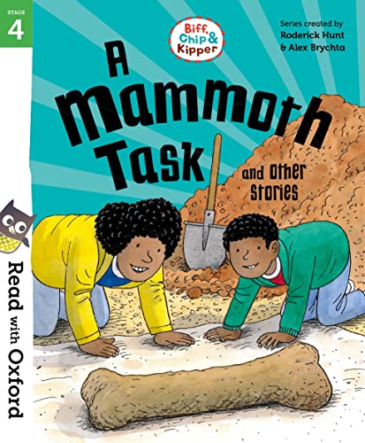 Children digging with a shovel near a large dinosaur bone.