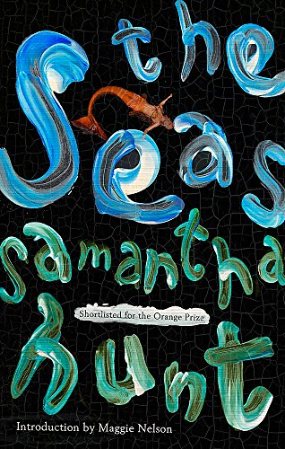 Book cover with blue brushstroke text, a small mermaid, on a black cracked background.