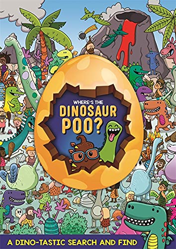 Colorful dinosaur search and find book cover with cracked egg and cartoon dinosaurs.
