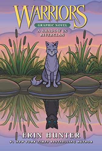 Book cover: Gray cat on lily pad with reflection, reeds, pink sky.