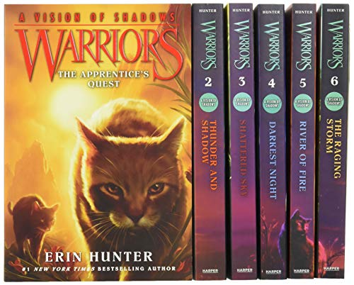 Six “Warriors” fantasy novels with cat imagery, spines facing forward.